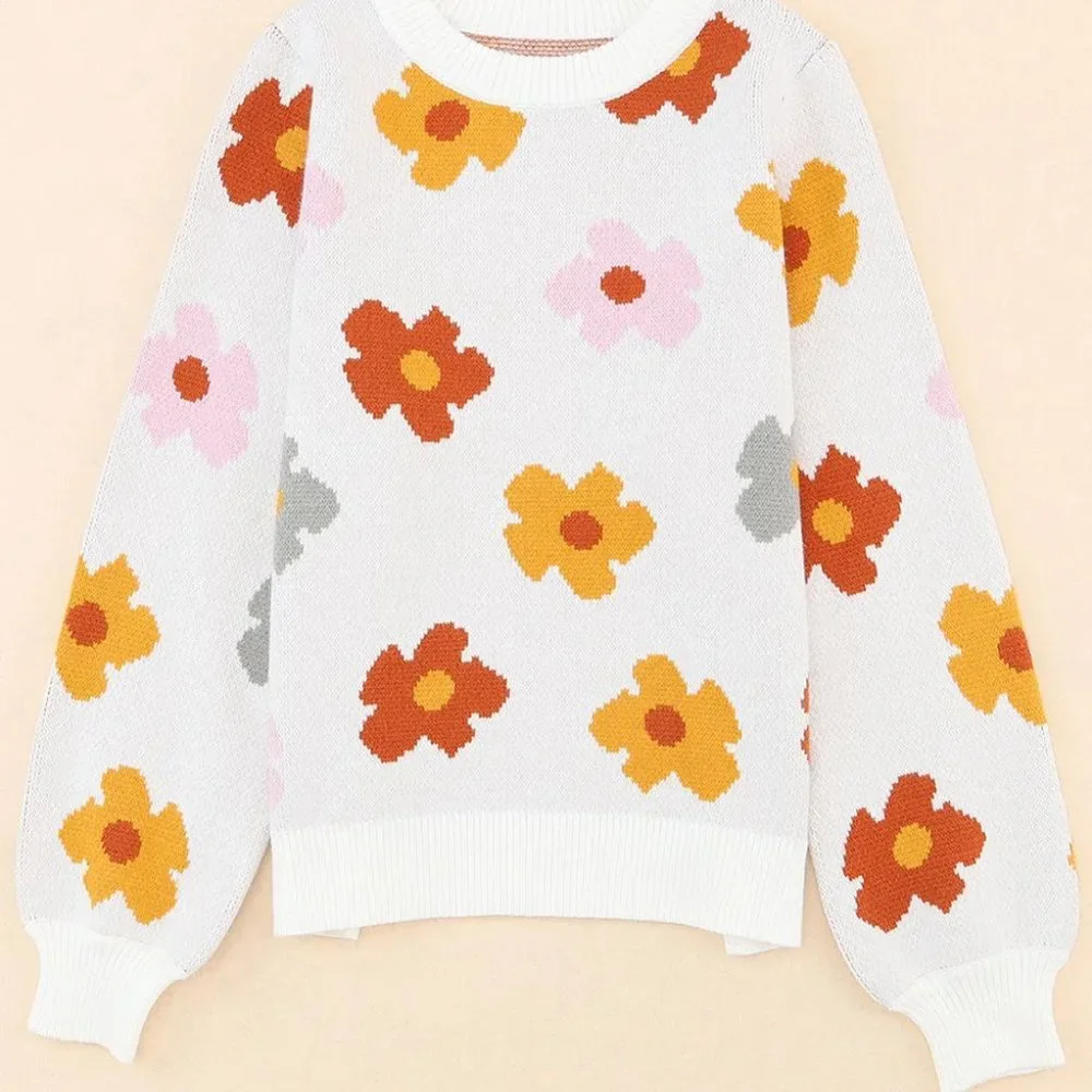 White Sweet Flower Knitted Ribbed Hem Sweater - Picture 9 of 13